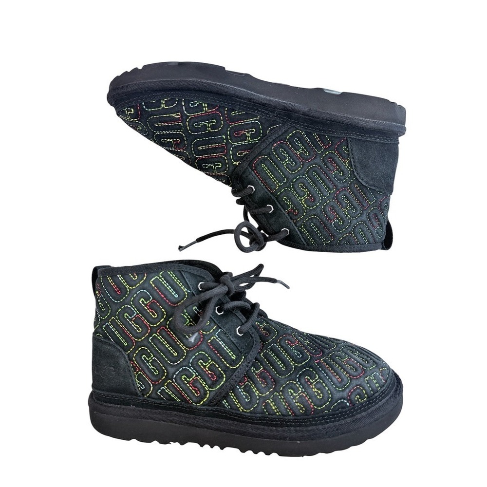 UGG Neumel Heritage Logo‎ Boots Kids Size 5 Black Multi Color Embroidered